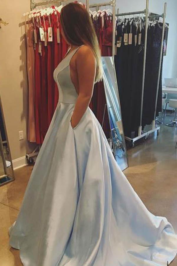 Simple A-line V-neck Satin  Prom Dresses with Pocket  PG491 - Pgmdress