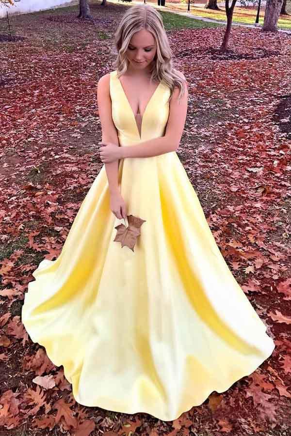 Simple A-line V-neck Satin  Prom Dresses with Pocket  PG491 - Pgmdress