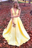 Simple A-line V-neck Satin Prom Dresses with Pocket  PG491