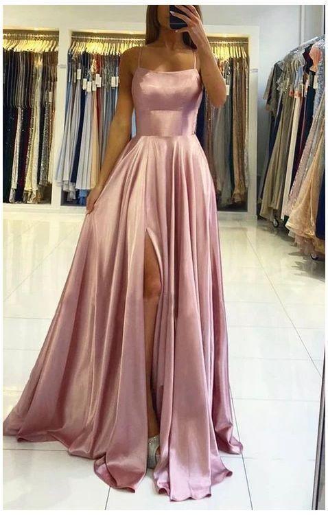 Simple Champagne Satin Long Prom Dress Formal Dress with Split PSK229 US10 / Pink Simple Champagne Satin Long Prom Dress Formal Dress with Split PSK229 US10 / Pink