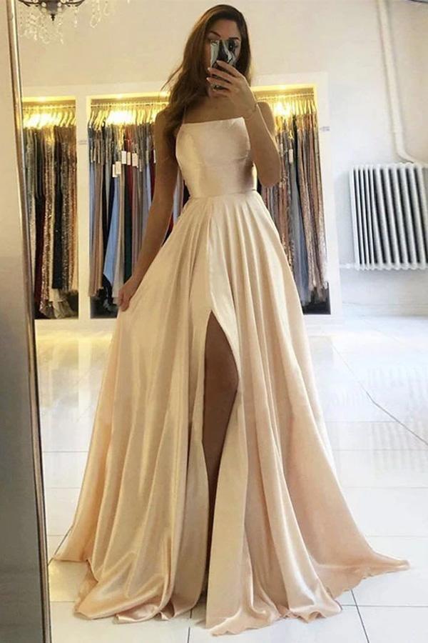 Simple Champagne Satin Long Prom Dress Formal Dress with Split PSK229 US0 / Champagne Simple Champagne Satin Long Prom Dress Formal Dress with Split PSK229 US0 / Champagne