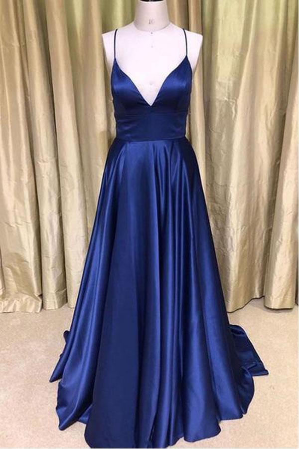 Simple Royal Blue Satin Long V Neck Prom Dress Evening Dress-Pgmdress US8 / Royal Blue Simple Royal Blue Satin Long V Neck Prom Dress Evening Dress-Pgmdress US8 / Royal Blue