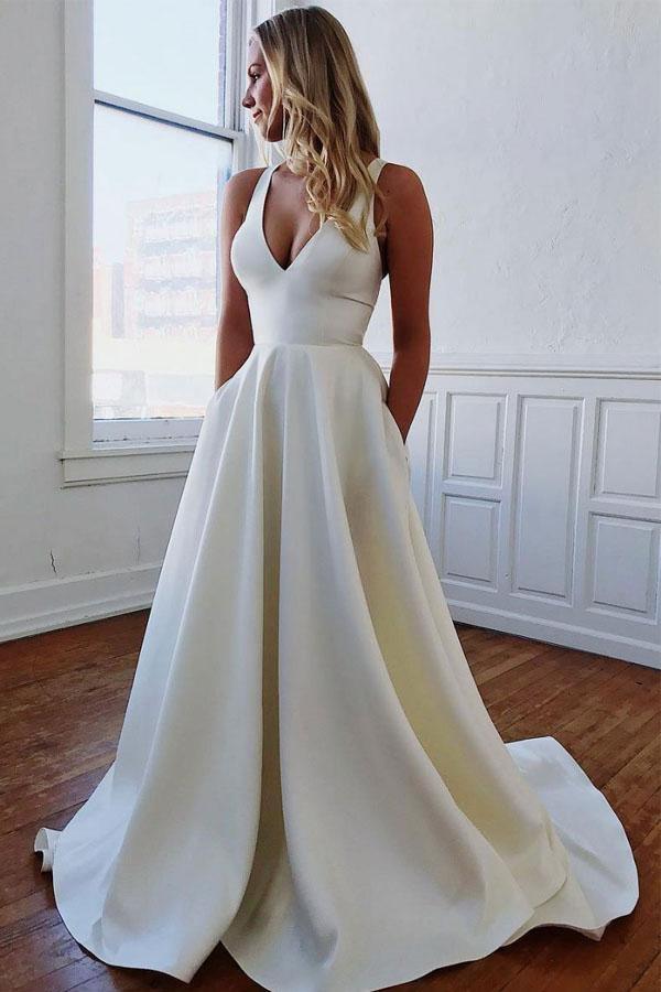 Simple White Satin V Neck Wedding Dress with Bow-Knot US4 / White Simple White Satin V Neck Wedding Dress with Bow-Knot US4 / White