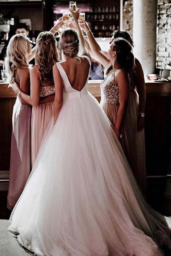 Simple Modest Ivory Tulle Wedding Gowns Backless Wedding Dress  WD313 - Pgmdress