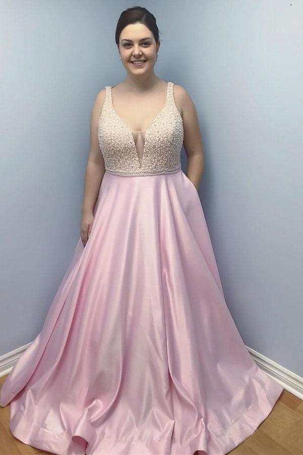 Simple Plus Size Pink Long Prom Dress with Pockets Beaded PG838 US14 / Custom Color Simple Plus Size Pink Long Prom Dress with Pockets Beaded PG838 US14 / Custom Color
