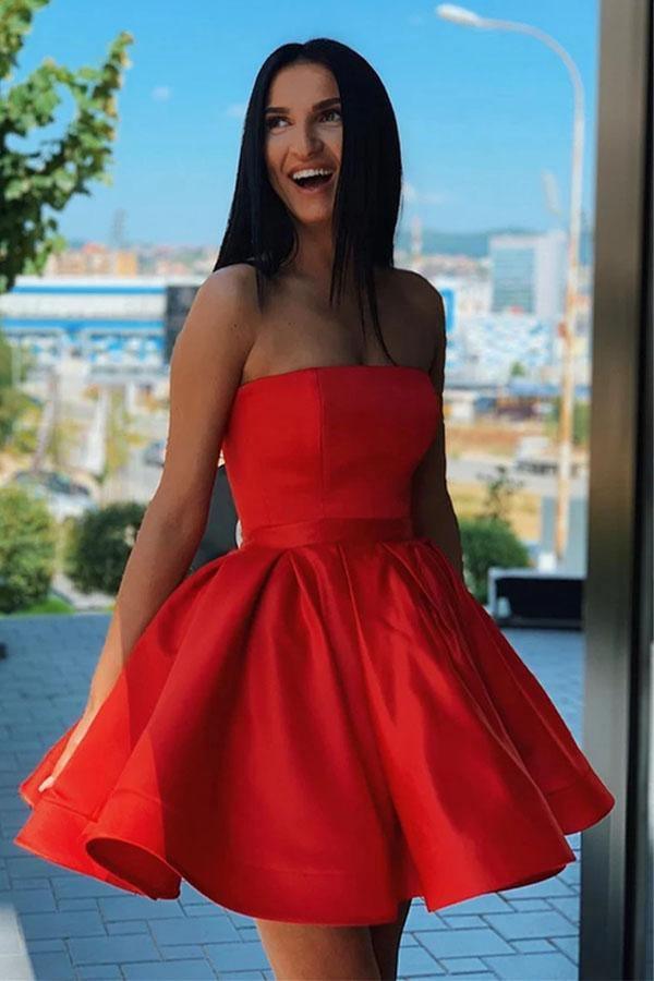 Simple Red Satin Strapless Short Formal Homecoming Dress PD376 - Pgmdress