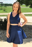 Simple Satin Two Piece Short Royal Blue Homecoming Dress  PD309