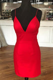 Einfaches Etuikleid mit V-Ausschnitt und Trägern, rotes Mini-Partykleid, Heimkehrkleid PD398