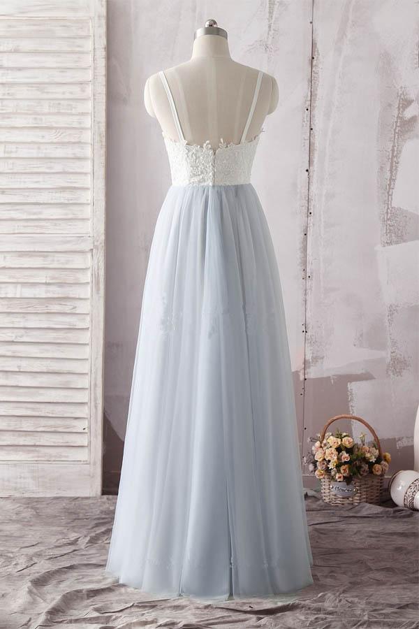 Simple Spaghetti Straps Sweetheart Ivory Lace Blue Tulle Prom Dress PG637 - Pgmdress