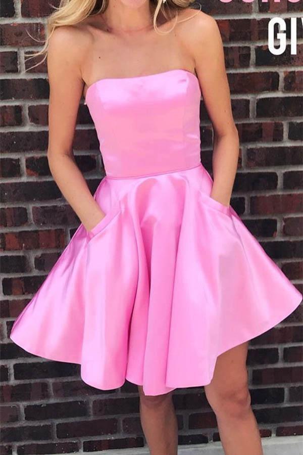 Simple Strapless Short Prom Dress Yellow Homecoming Dress with Pocket –  Pgmdress