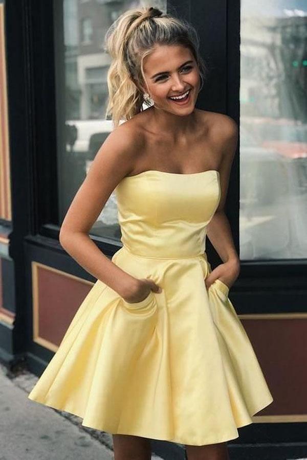 Simple Strapless Short Prom Dress Yellow Homecoming Dress with Pockets PD322