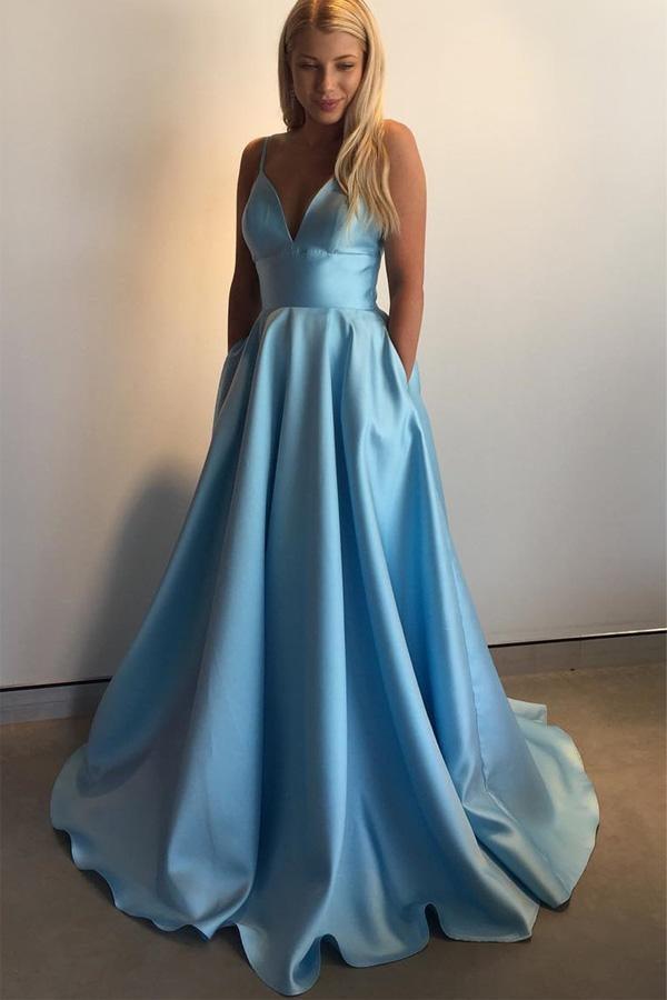Simple V-Neck Floor-Length Satin Burgundy Prom Dress with Pockets PG485 - Pgmdress