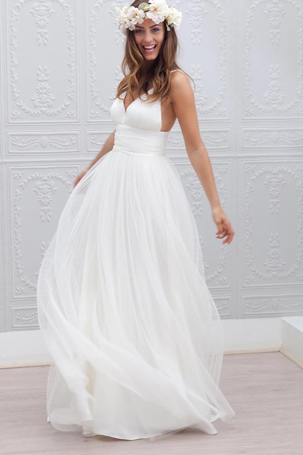 Simple V-neck Floor-Length Wedding Dress With Ruched Sash Custom Size / Ivory Simple V-neck Floor-Length Wedding Dress With Ruched Sash Custom Size / Ivory