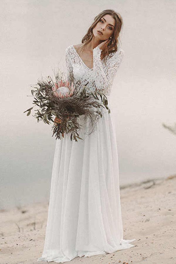 Simple V Neck Open Back Long Sleeves Lace Beach Wedding Dress WD474 US0 / White Simple V Neck Open Back Long Sleeves Lace Beach Wedding Dress WD474 US0 / White