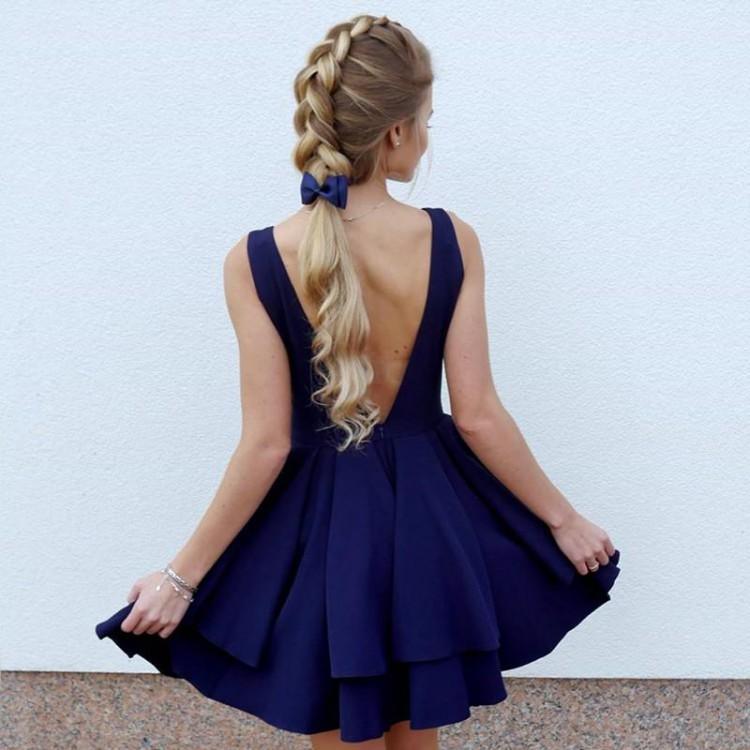 Simple V Neck Satin Pretty Homecoming Dresses Short Prom Dresses US4 / Navy Blue Simple V Neck Satin Pretty Homecoming Dresses Short Prom Dresses US4 / Navy Blue