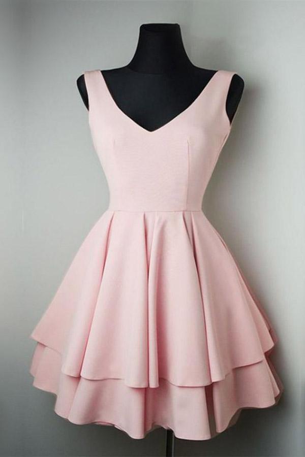 Simple V Neck Satin Pretty Homecoming Dresses Short Prom Dresses US2 / Pink Simple V Neck Satin Pretty Homecoming Dresses Short Prom Dresses US2 / Pink