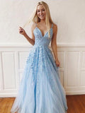 Sky Blue Lace Prom Dresses Long V Neck Rose Red Formal Dress PG810 - Pgmdress