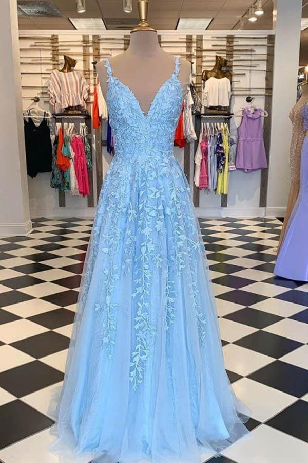 Sky Blue Lace Prom Dresses Long V Neck Rose Red Formal Dress PG810 - Pgmdress