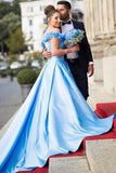 Himmelblaues schulterfreies Satin-Abschlussballkleid, lange Abendkleider mit Blumenmuster, PG991