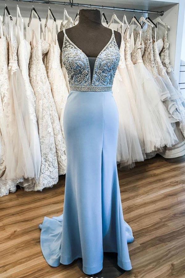 Sky Blue V Neck Sweep Train Beaded Prom Dress Formal Dress PSK019 Pgmdress Sky Blue V Neck Sweep Train Beaded Prom Dress Formal Dress PSK019 Pgmdress