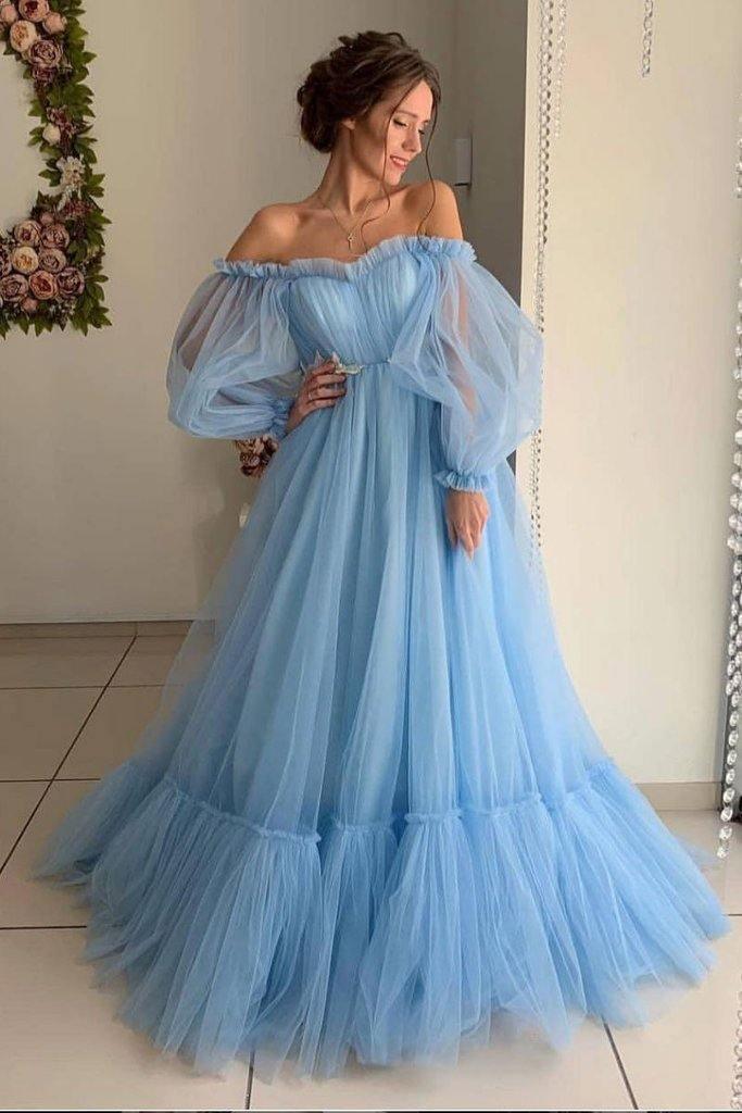 blue fancy dress Off the Shoulder Sky Blue Long Prom Dress Elegant Party Dress PG971 US6 / Blue