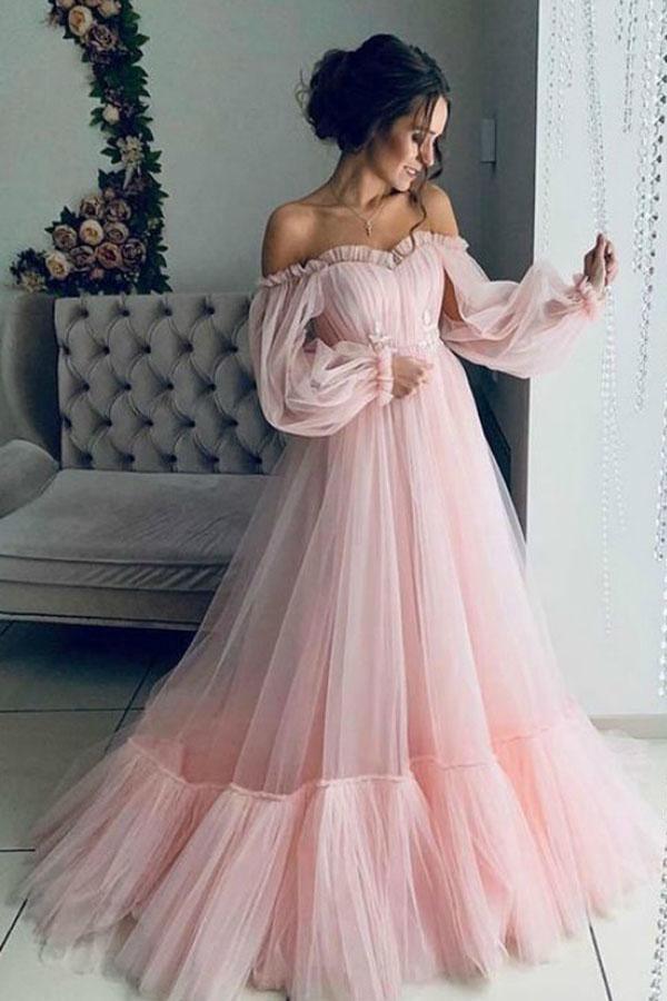 Sky Blue Tulle Off the Shoulder Long Prom Dress Elegant Evening Dresses PG971 - Pgmdress