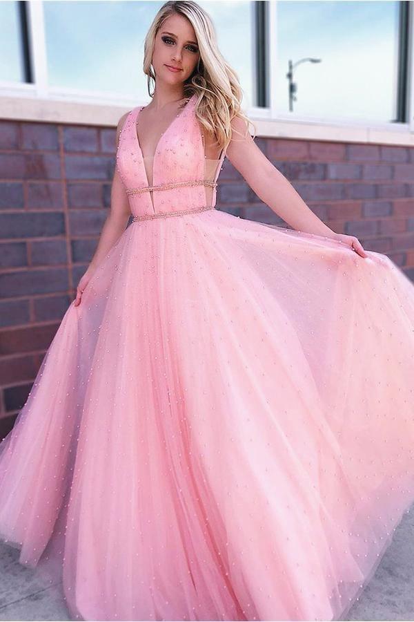 Sky Blue V Neck Beaded Long Prom Dresses Pearls Tulle Cute Prom Dress PG836 - Pgmdress
