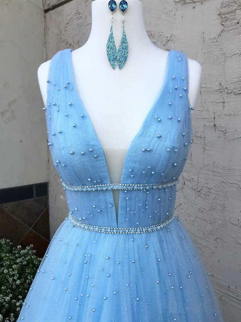 Sky Blue V Neck Beaded Long Prom Dresses Pearls Tulle Cute Prom Dress PG836 - Pgmdress