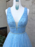 Sky Blue V Neck Beaded Long Prom Dresses Pearls Tulle Cute Prom Dress PG836 - Pgmdress