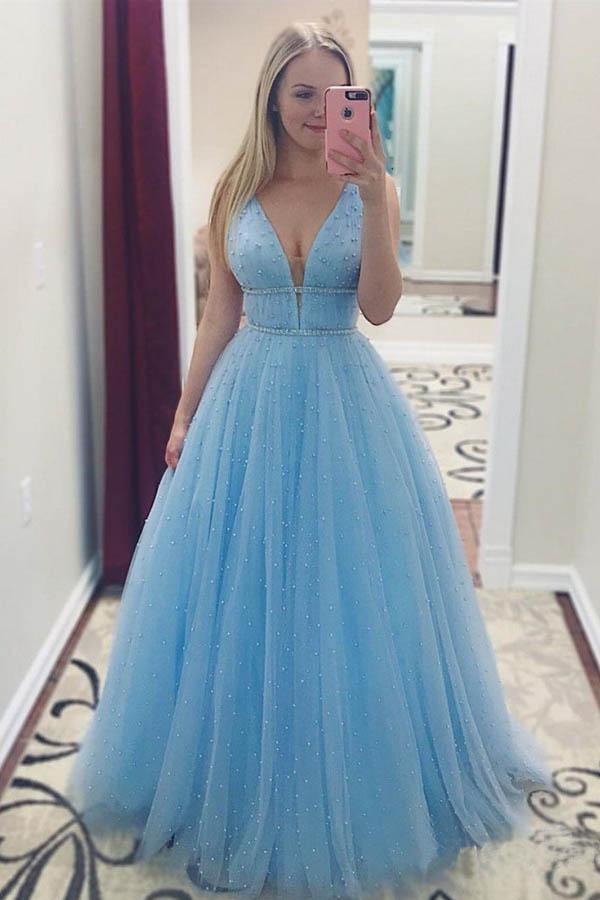 Sky Blue V Neck Beaded Long Prom Dresses Pearls Tulle Cute Prom Dress PG836 - Pgmdress