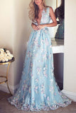 Himmelblaue Ballkleider mit V-Ausschnitt, Stickerei, formelles Kleid, Abendkleider PG776