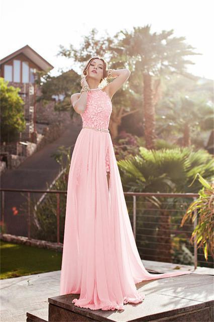 Sleeveless High Neck Backless Chiffon Prom Dress Evening Dress PG411 US6 / Pink Sleeveless High Neck Backless Chiffon Prom Dress Evening Dress PG411 US6 / Pink