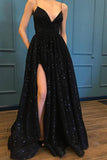 Spaghetti Strap Sparkle Popular Black Long Prom Dress PG835-Pgmdress