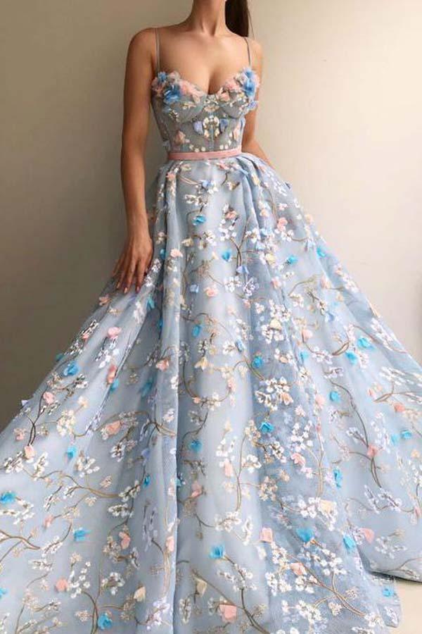 Spaghetti Strap Flower Sky Blue Prom Dress Evening Dress PG694 US14 / Sky Blue Spaghetti Strap Flower Sky Blue Prom Dress Evening Dress PG694 US14 / Sky Blue