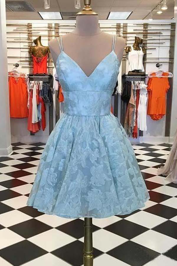 Spaghetti Strap Homecoming Dresses Jacquard V Neck Short Prom Dress US10 / Sky blue Spaghetti Strap Homecoming Dresses Jacquard V Neck Short Prom Dress US10 / Sky blue