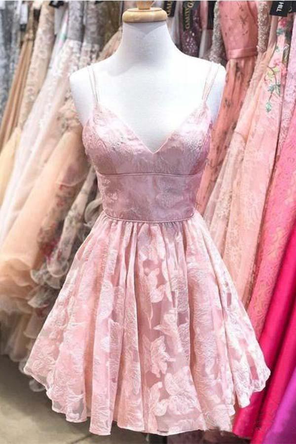 Spaghetti Strap Homecoming Dresses Jacquard V Neck Short Prom Dress US16 / Pink