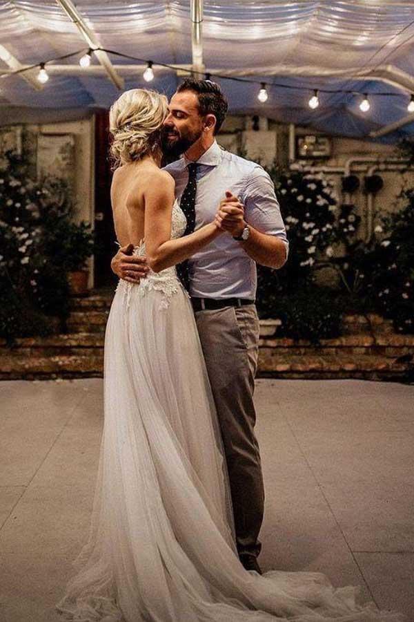 Spaghetti Strap V Neck Beach Wedding Dresses Backless Bridal Dresses WD285 - Pgmdress