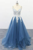 Bretelles Spaghetti Une Ligne Ivoire Appliqued Bleu Tulle Robes De Bal PSK009