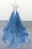 Spaghetti Straps A Line Ivory Appliqued Blue Tulle Prom Dresses PSK009 - Pgmdress