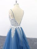 Spaghetti Straps A Line Ivory Appliqued Blue Tulle Prom Dresses PSK009 - Pgmdress
