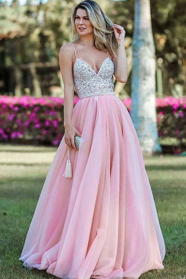 Plus Size Pink Beaded A Line Pink Satin Prom Dress With Spaghetti