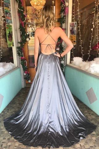 Spaghetti Straps Backless Grey Custom Long Evening Prom Dresses PG653 - Pgmdress