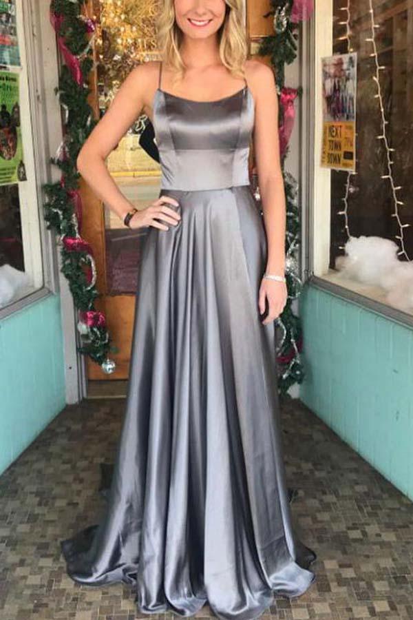 Spaghetti Straps Backless Grey Custom Long Evening Prom Dresses PG653 - Pgmdress