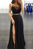 Robe de bal en mousseline de soie noire à bretelles spaghetti avec fente latérale PG731