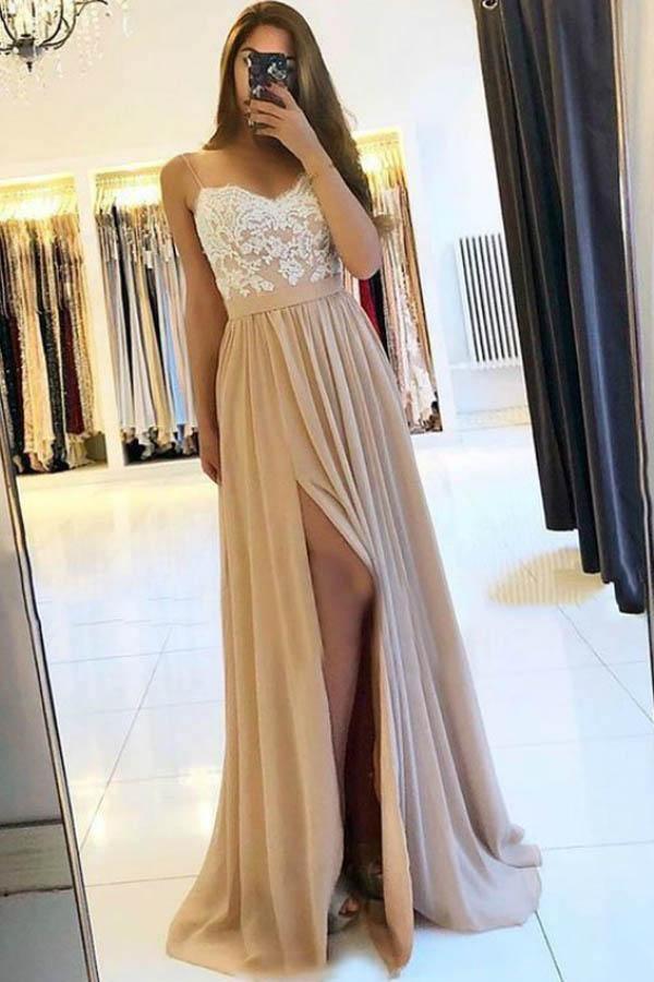 Spaghetti Straps Chiffon Appliques Prom Dress with Side Split US6 / Champagne