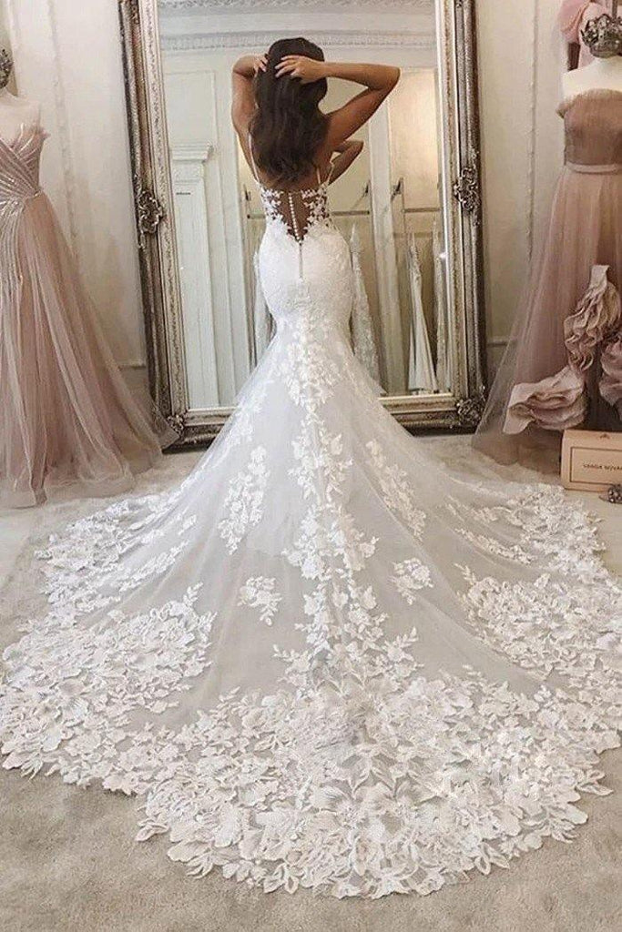 Spaghetti Straps Deep V Neck Mermaid Sweep Train Wedding Dress WD513 - Pgmdress