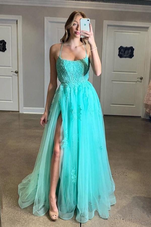 A-line Spaghetti Straps Light Blue Long Prom Dress With Appliques US16 / Turquoise A-line Spaghetti Straps Light Blue Long Prom Dress With Appliques US16 / Turquoise