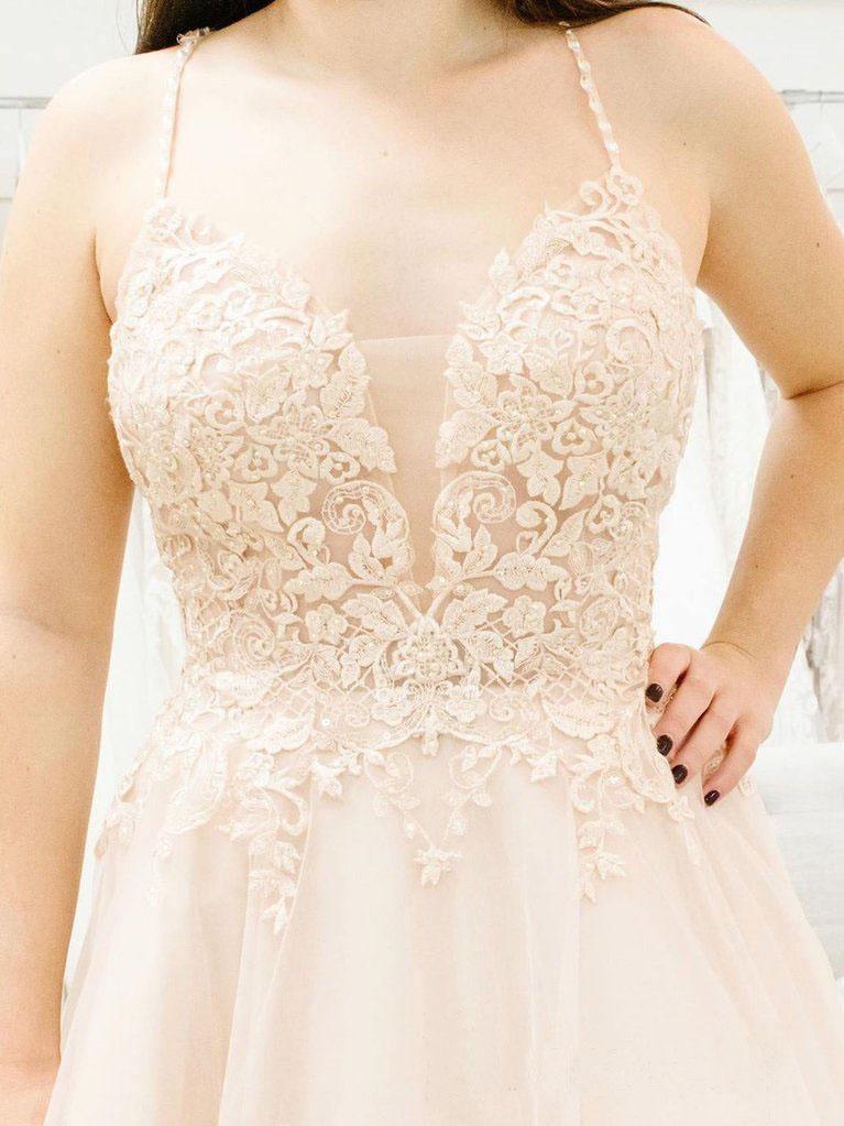 Spaghetti Straps Illusion Plunging V Neckline Wedding Dress WD458 - Pgmdress