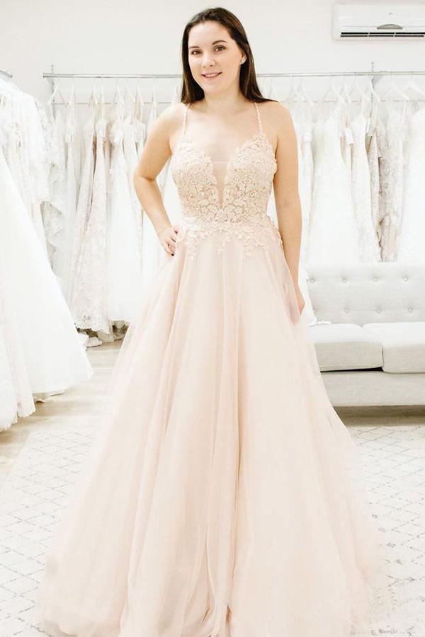 Spaghetti Straps Illusion Plunging V Neckline Wedding Dress WD458 - Pgmdress