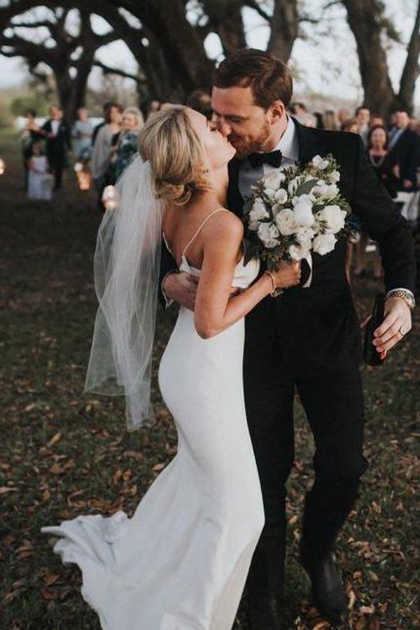 Spaghetti Straps Mermaid Backless V-Neck Beach Wedding Dresses WD381 - Pgmdress